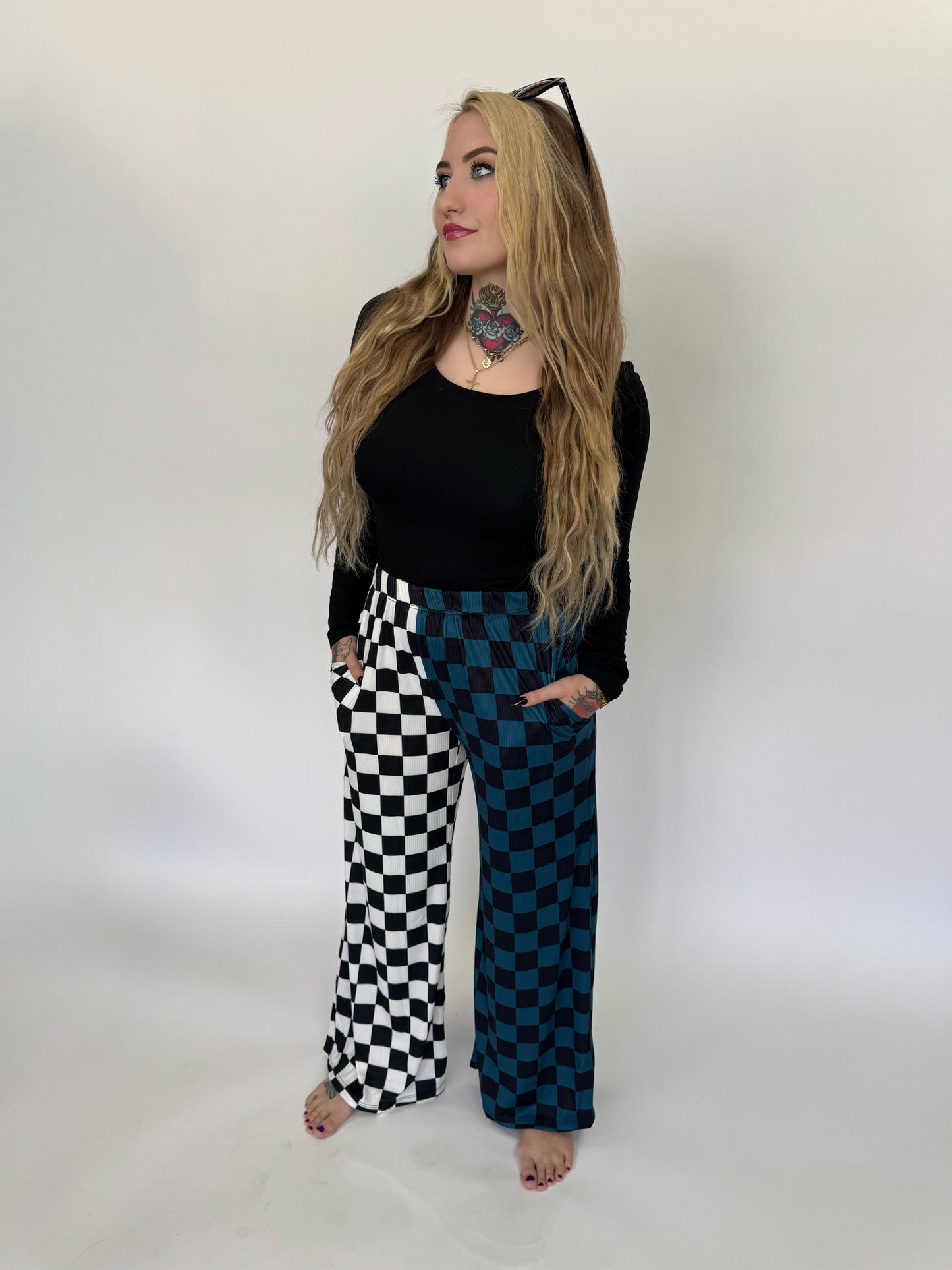 Blue Checkered Split Pants