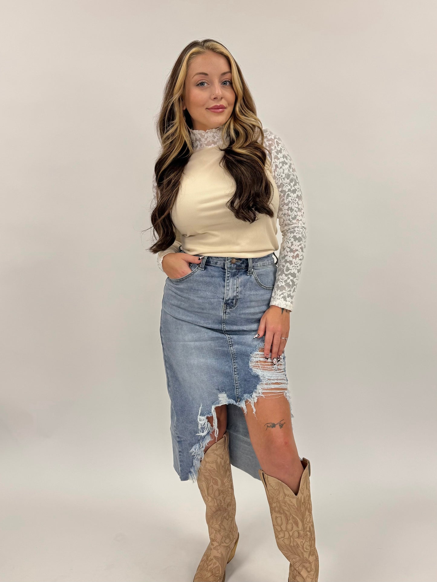 Distressed Denim Skirt