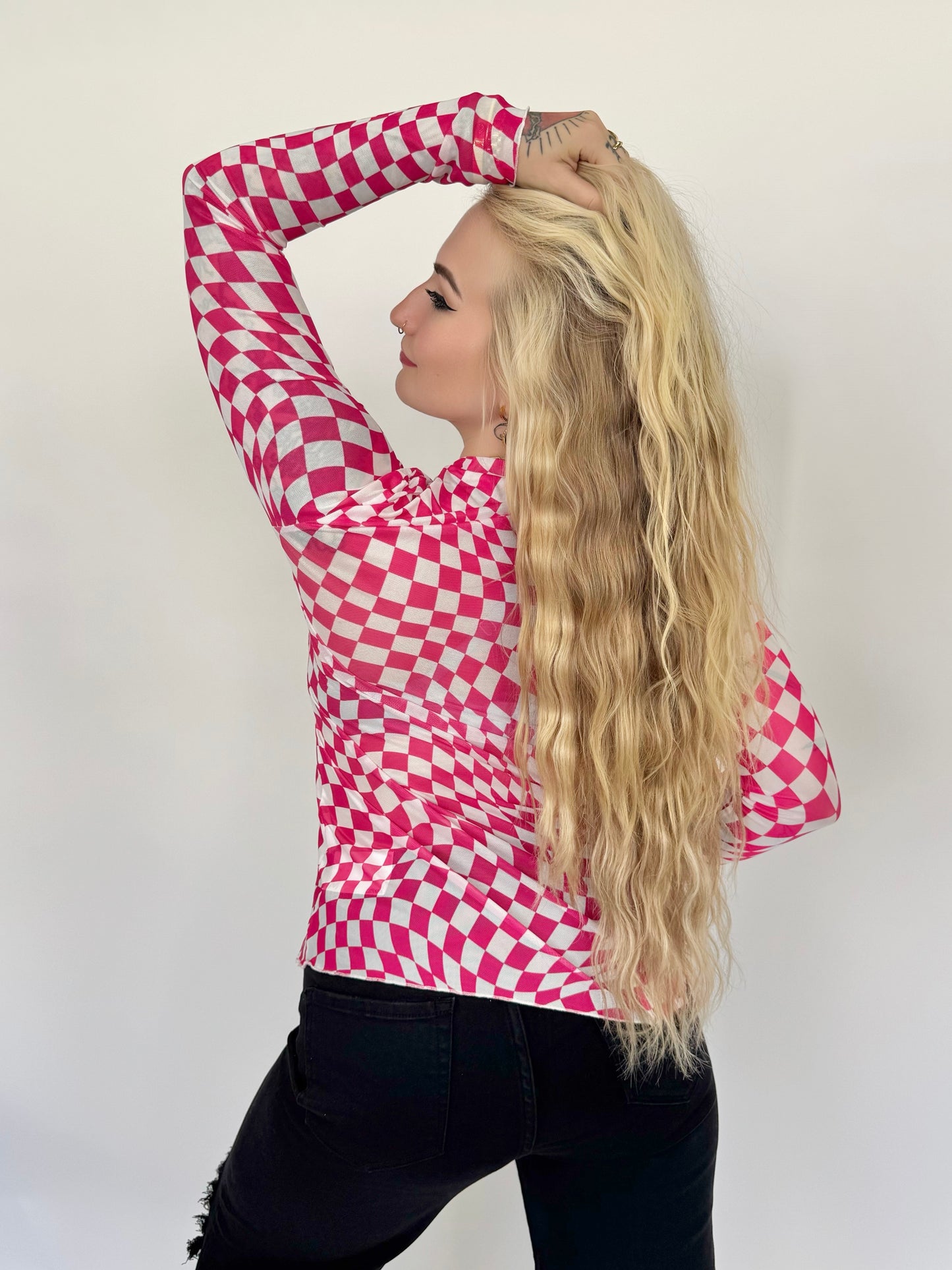 Pink Checkered Mesh Top