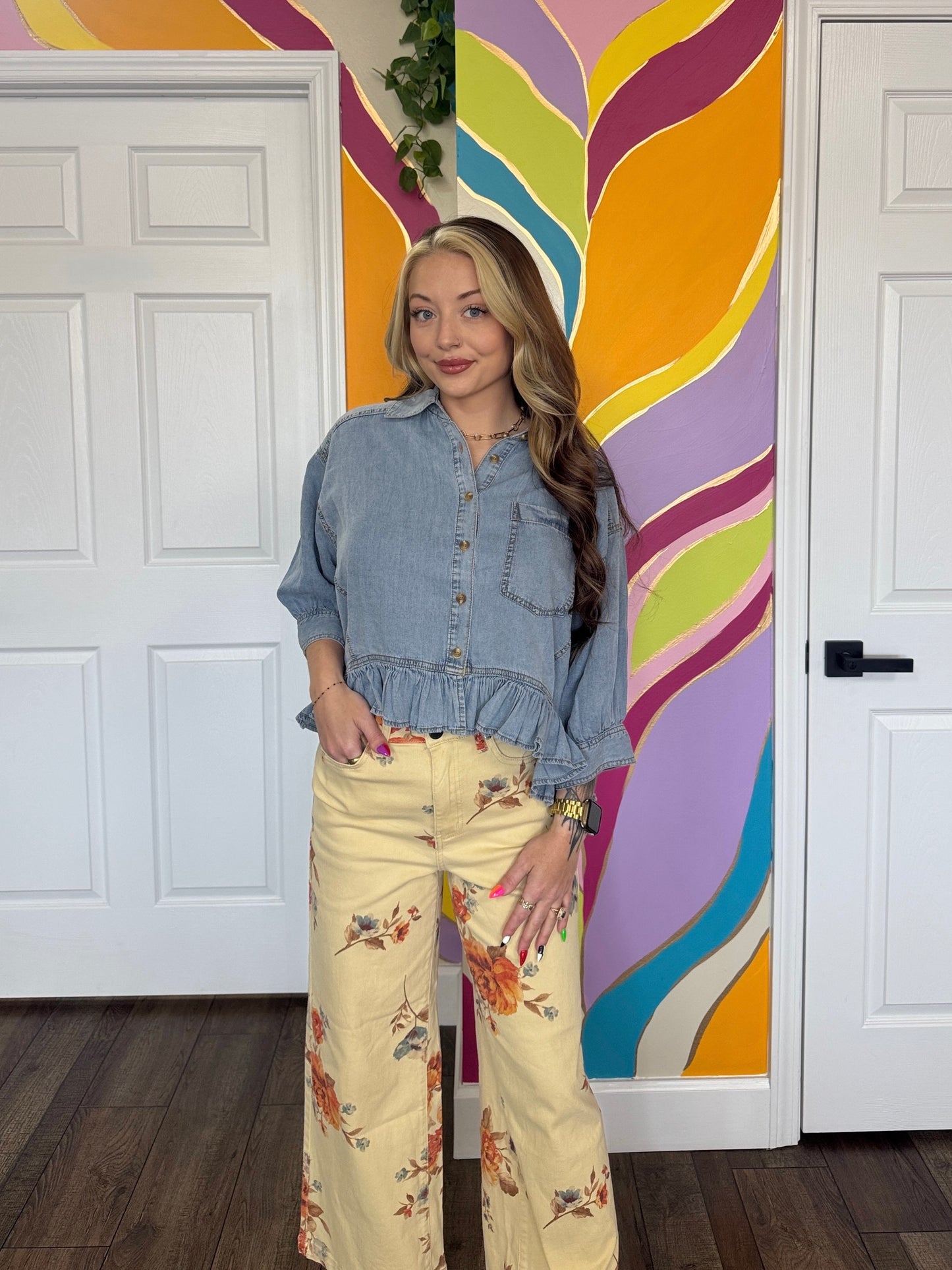 Ruffle Hem Denim Top