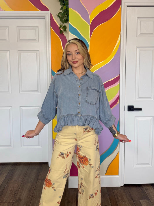 Ruffle Hem Denim Top