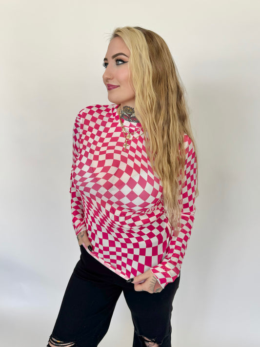 Pink Checkered Mesh Top