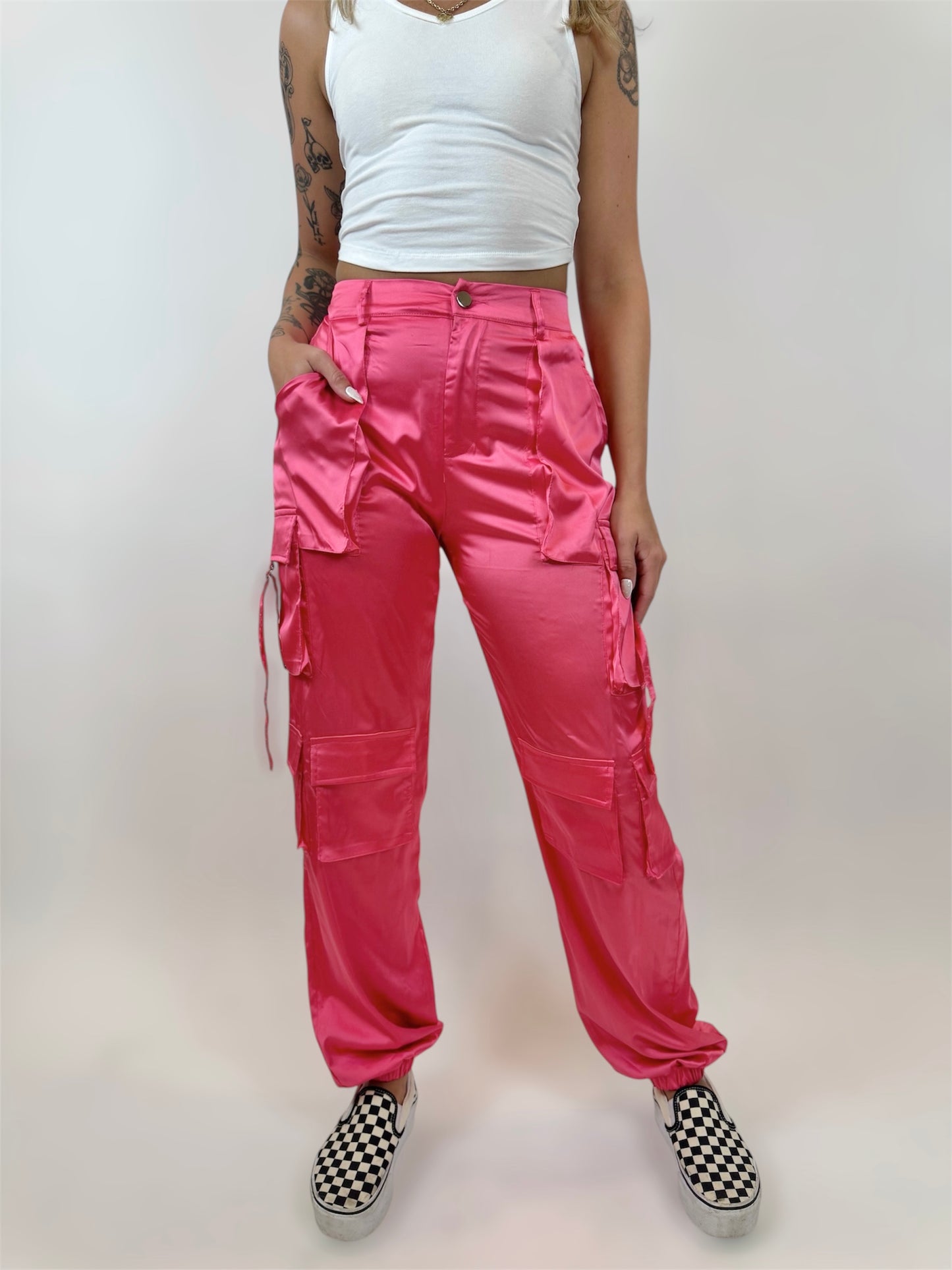 Pink Satin Cargo Pants