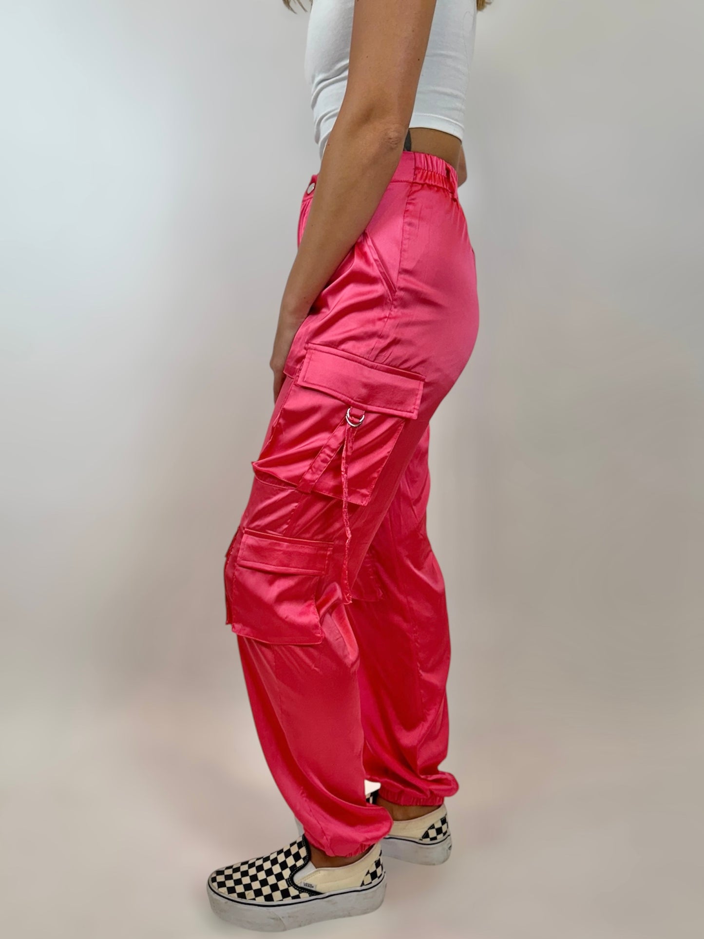 Pink Satin Cargo Pants