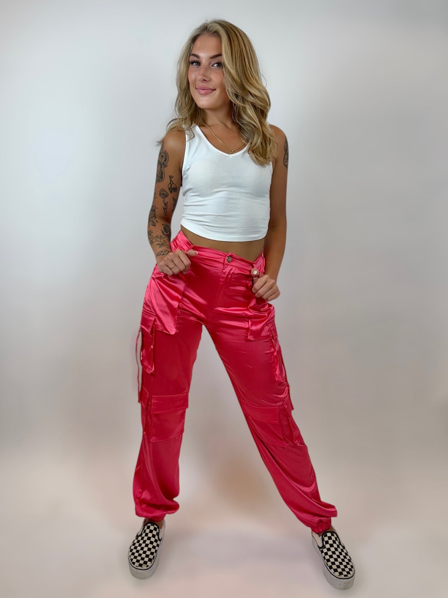 Pink Satin Cargo Pants