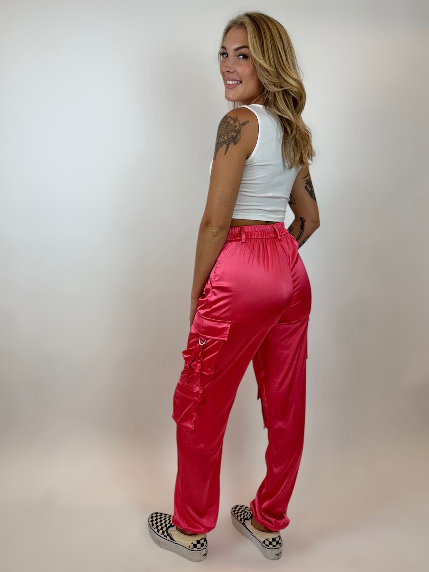 Pink Satin Cargo Pants