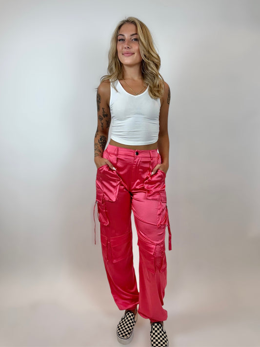 Pink Satin Cargo Pants